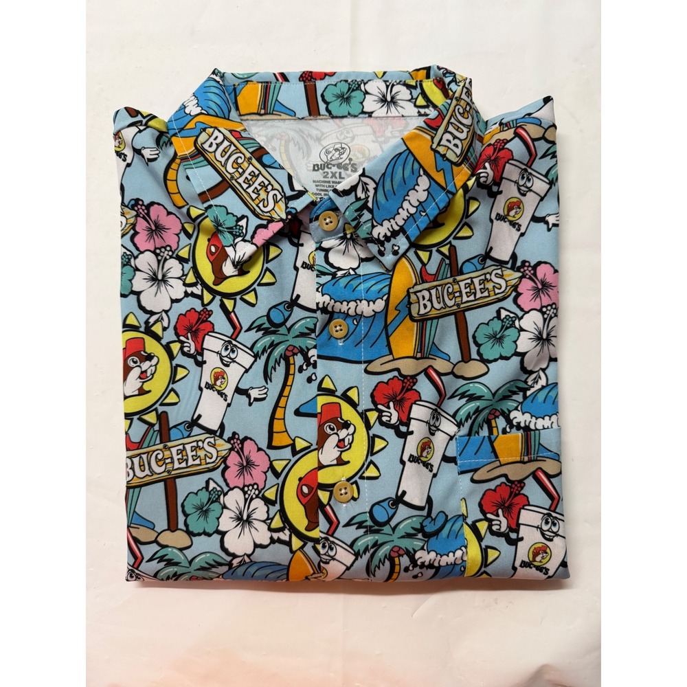 Buc-ee's Mens 2XL Blue Tropical Aloha Hawaiian Shirt Short Sleeve Button Up 3176